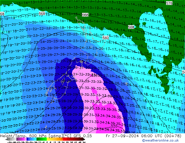 Z500/Rain (+SLP)/Z850 GFS 0.25 Pá 27.09.2024 06 UTC