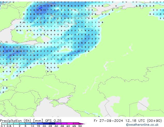 Precipitation (6h) GFS 0.25 Fr 27.09.2024 18 UTC