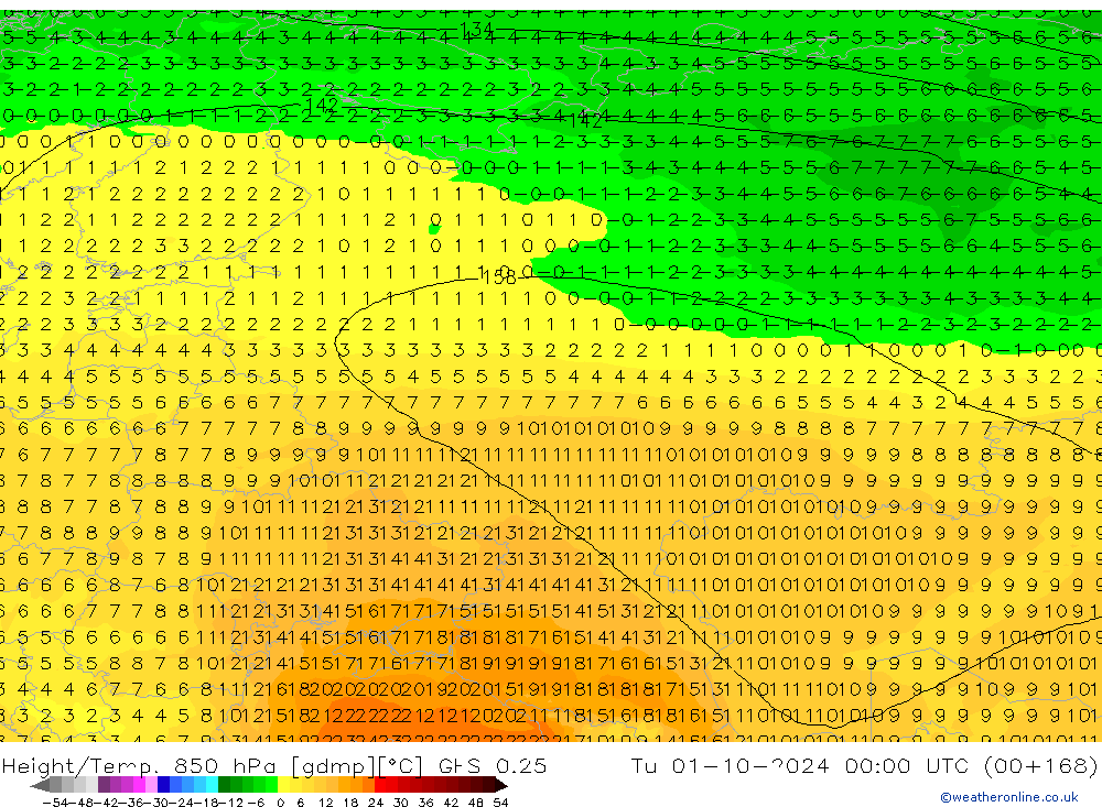 Height/Temp. 850 hPa GFS 0.25 wto. 01.10.2024 00 UTC