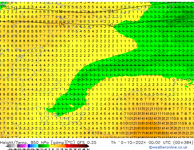 Height/Temp. 850 hPa GFS 0.25 Qui 10.10.2024 00 UTC