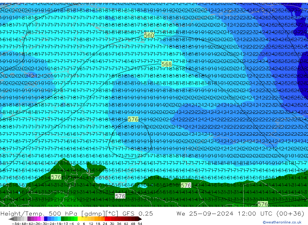 Height/Temp. 500 hPa GFS 0.25 We 25.09.2024 12 UTC