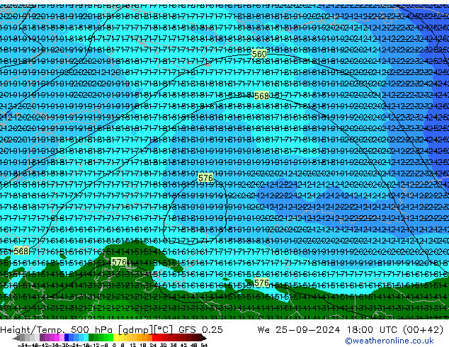 Z500/Rain (+SLP)/Z850 GFS 0.25 mié 25.09.2024 18 UTC