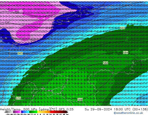 Height/Temp. 500 hPa GFS 0.25 nie. 29.09.2024 18 UTC