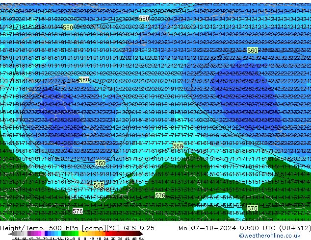 Z500/Yağmur (+YB)/Z850 GFS 0.25 Pzt 07.10.2024 00 UTC