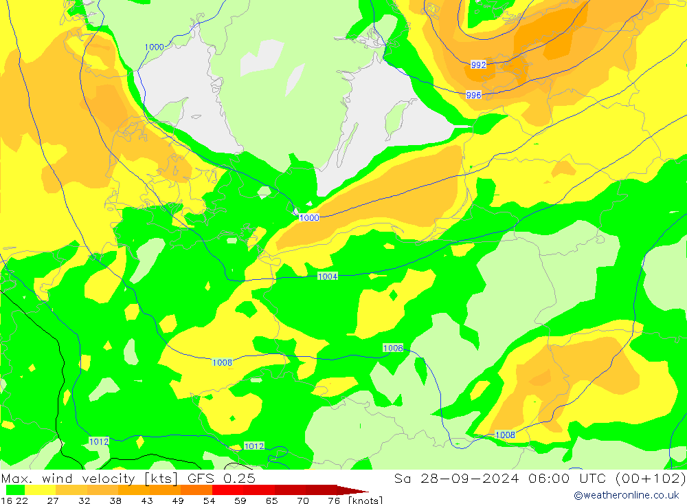 Max. wind velocity GFS 0.25 sab 28.09.2024 06 UTC