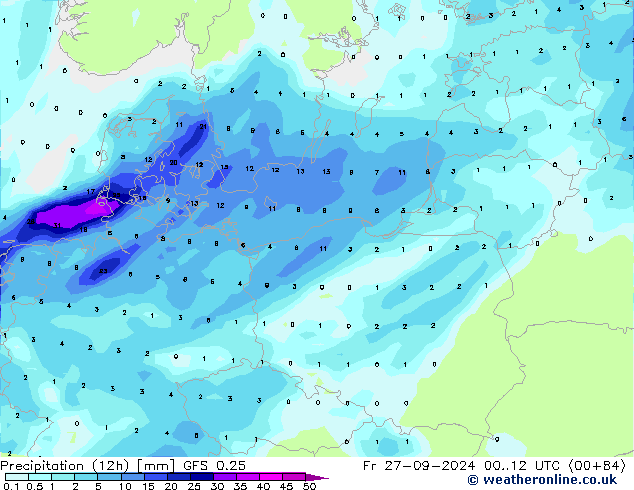 Nied. akkumuliert (12Std) GFS 0.25 Fr 27.09.2024 12 UTC