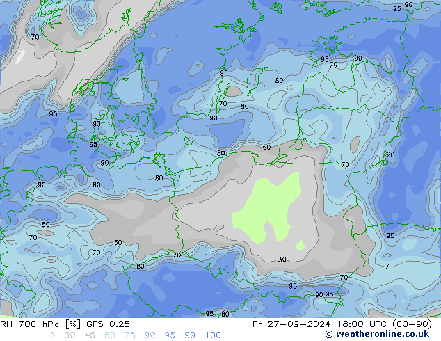 RH 700 hPa GFS 0.25 ven 27.09.2024 18 UTC