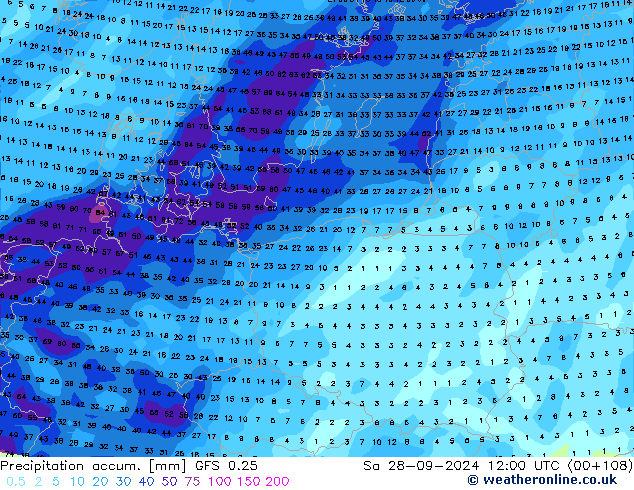 Precipitation accum. GFS 0.25 sab 28.09.2024 12 UTC