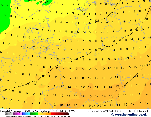 Geop./Temp. 850 hPa GFS 0.25 vie 27.09.2024 00 UTC