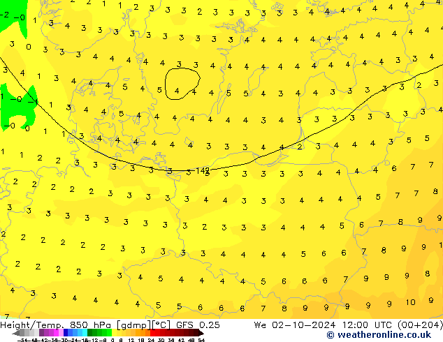 Z500/Rain (+SLP)/Z850 GFS 0.25 Qua 02.10.2024 12 UTC