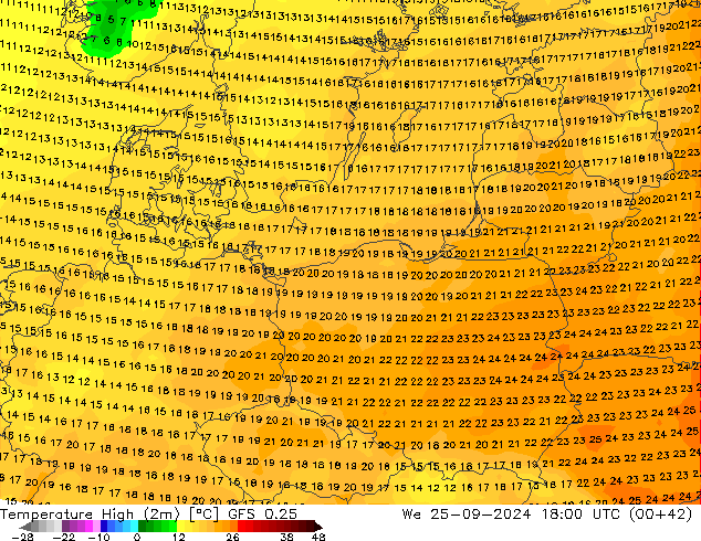 Temperatura máx. (2m) GFS 0.25 mié 25.09.2024 18 UTC