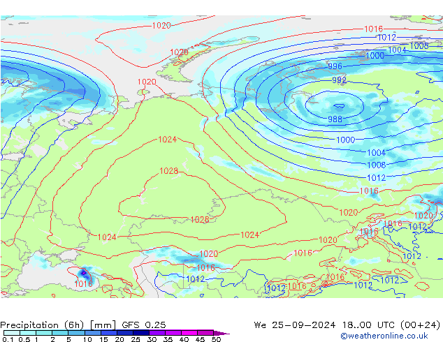 Z500/Rain (+SLP)/Z850 GFS 0.25 ср 25.09.2024 00 UTC