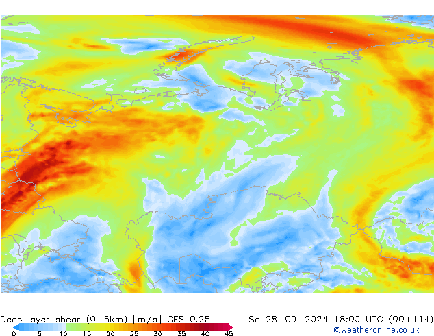 Deep layer shear (0-6km) GFS 0.25 Sa 28.09.2024 18 UTC