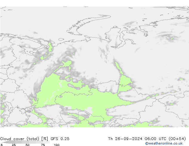 Cloud cover (total) GFS 0.25 Th 26.09.2024 06 UTC