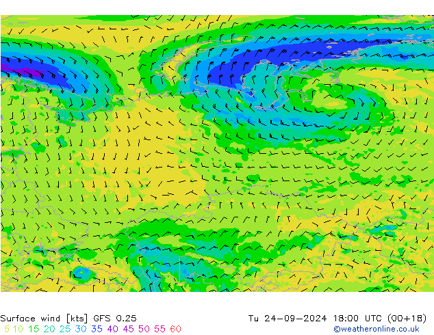 Vent 10 m GFS 0.25 mar 24.09.2024 18 UTC