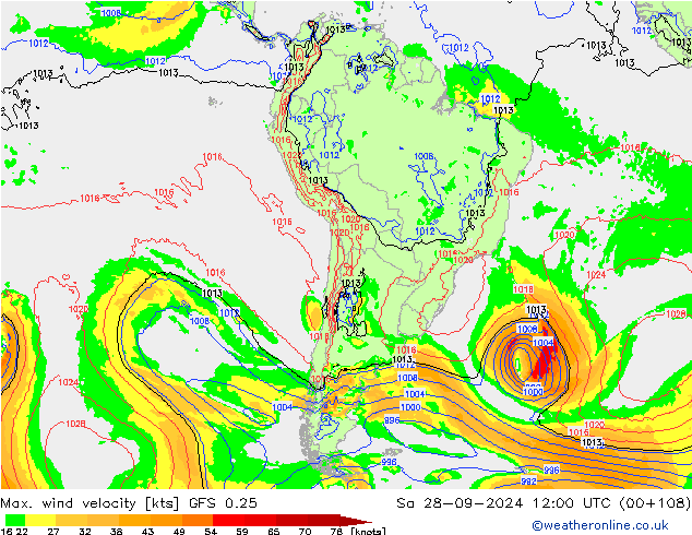 Max. wind snelheid GFS 0.25 za 28.09.2024 12 UTC