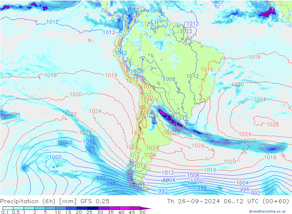 Z500/Rain (+SLP)/Z850 GFS 0.25  26.09.2024 12 UTC