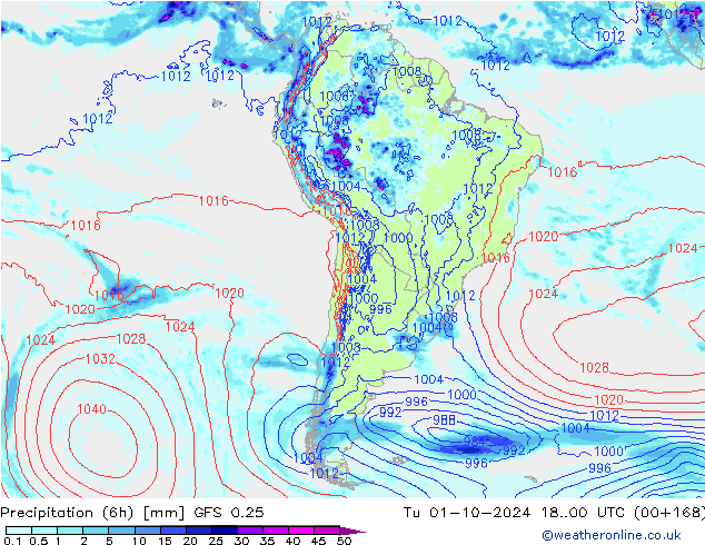 осадки (6h) GFS 0.25 вт 01.10.2024 00 UTC