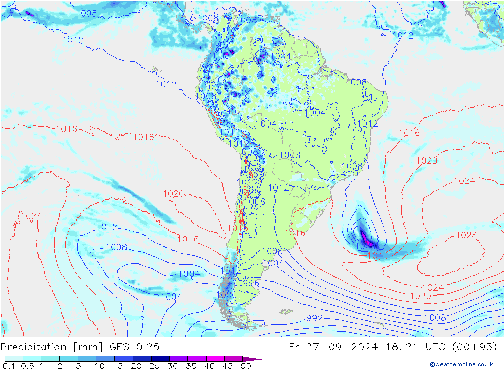 Neerslag GFS 0.25 vr 27.09.2024 21 UTC