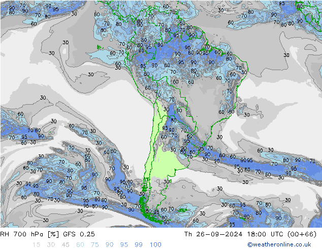 RH 700 hPa GFS 0.25 Qui 26.09.2024 18 UTC