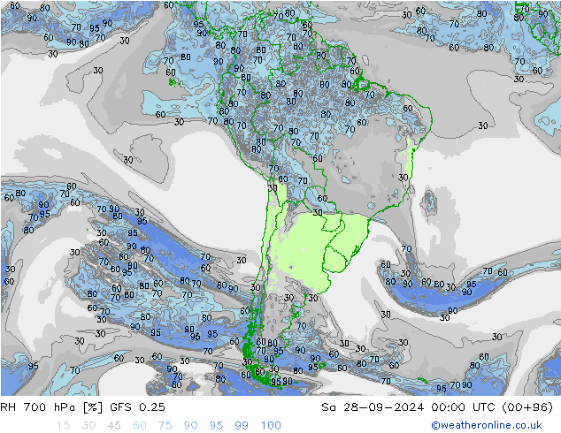 Humedad rel. 700hPa GFS 0.25 sáb 28.09.2024 00 UTC