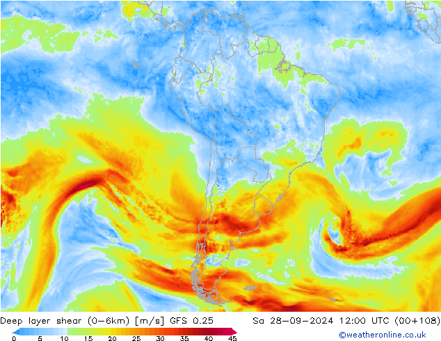 Deep layer shear (0-6km) GFS 0.25  28.09.2024 12 UTC