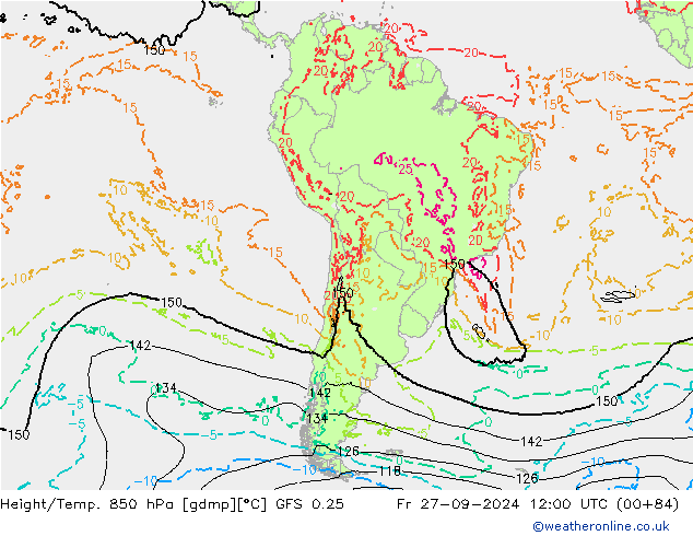 Height/Temp. 850 hPa GFS 0.25 ven 27.09.2024 12 UTC