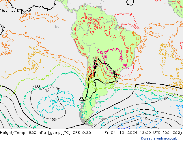 Hoogte/Temp. 850 hPa GFS 0.25 vr 04.10.2024 12 UTC