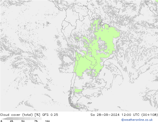 Cloud cover (total) GFS 0.25 So 28.09.2024 12 UTC