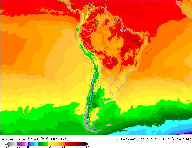 Temperature (2m) GFS 0.25 Čt 10.10.2024 00 UTC