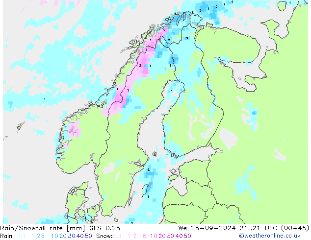 Rain/Snowfall rate GFS 0.25 mer 25.09.2024 21 UTC