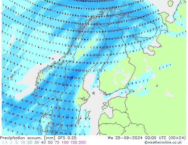 Precipitation accum. GFS 0.25 ср 25.09.2024 00 UTC