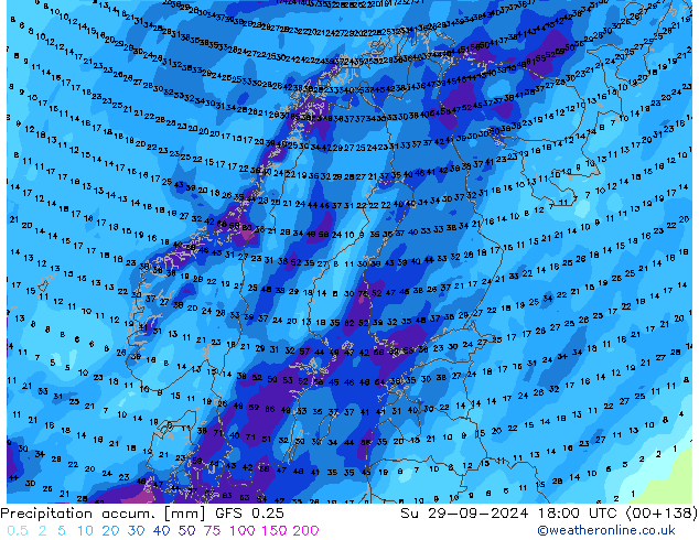 Precipitation accum. GFS 0.25 dom 29.09.2024 18 UTC