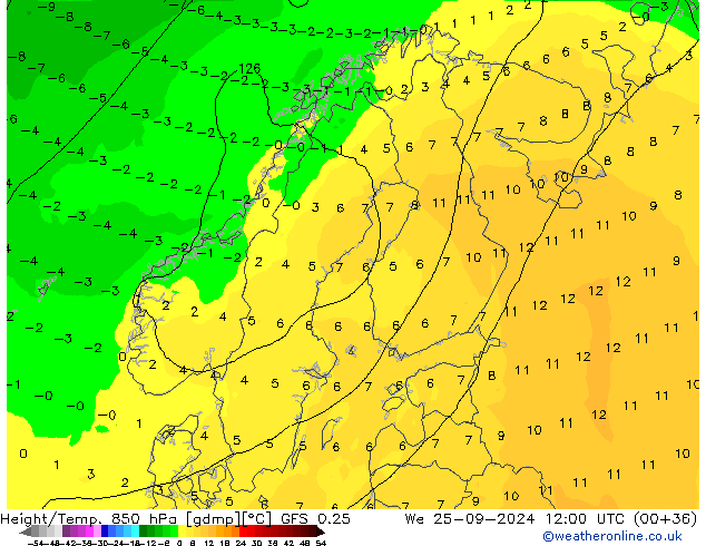 Z500/Rain (+SLP)/Z850 GFS 0.25 We 25.09.2024 12 UTC