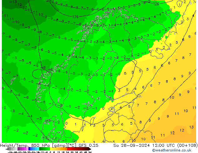 Z500/Rain (+SLP)/Z850 GFS 0.25 sam 28.09.2024 12 UTC