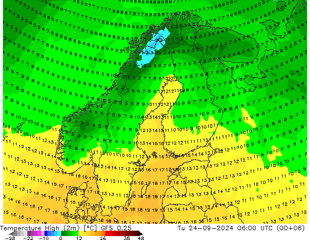 Temperature High (2m) GFS 0.25 Tu 24.09.2024 06 UTC