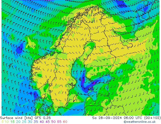 Surface wind GFS 0.25 So 28.09.2024 06 UTC