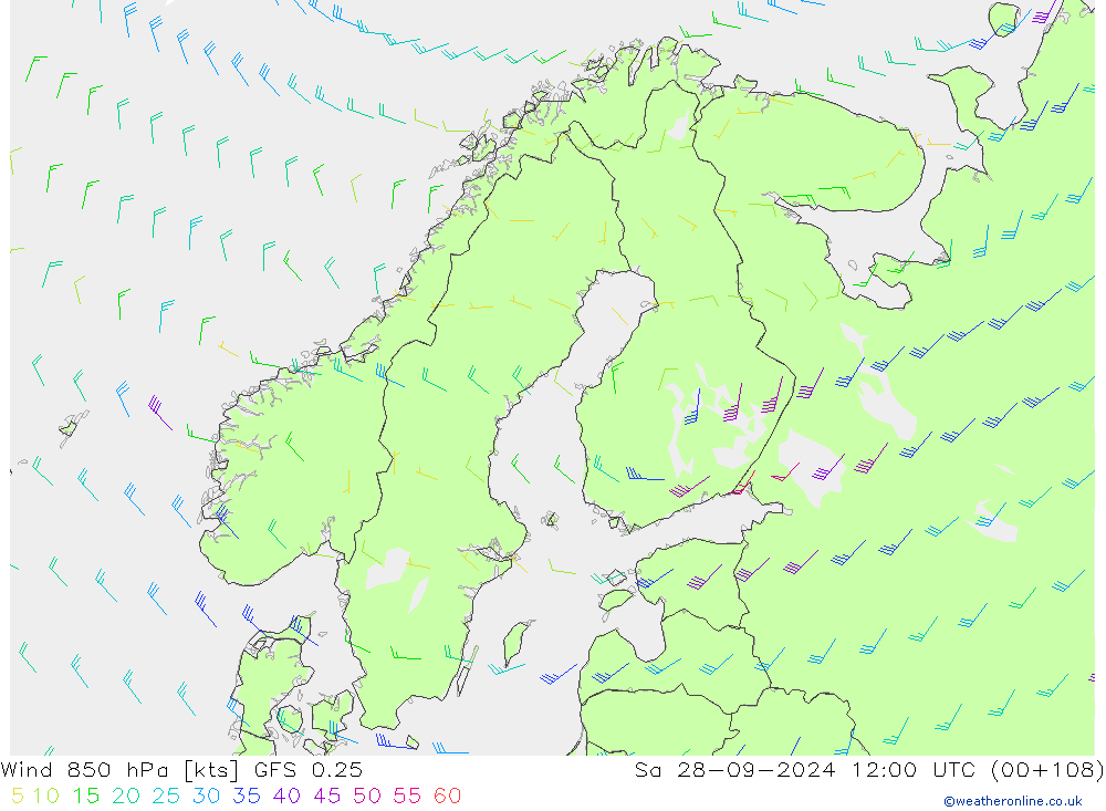 wiatr 850 hPa GFS 0.25 so. 28.09.2024 12 UTC