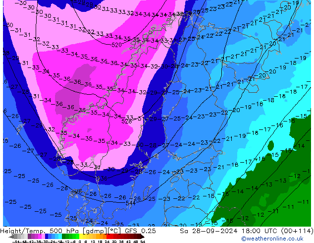 Z500/Rain (+SLP)/Z850 GFS 0.25  28.09.2024 18 UTC