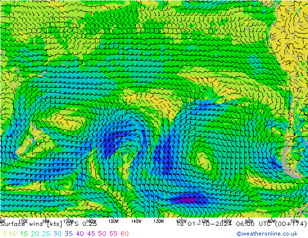 Surface wind GFS 0.25 Út 01.10.2024 06 UTC