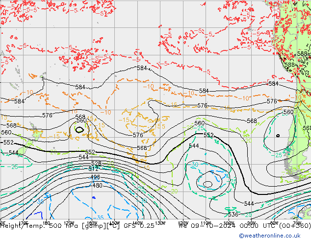 Z500/Rain (+SLP)/Z850 GFS 0.25 Qua 09.10.2024 00 UTC