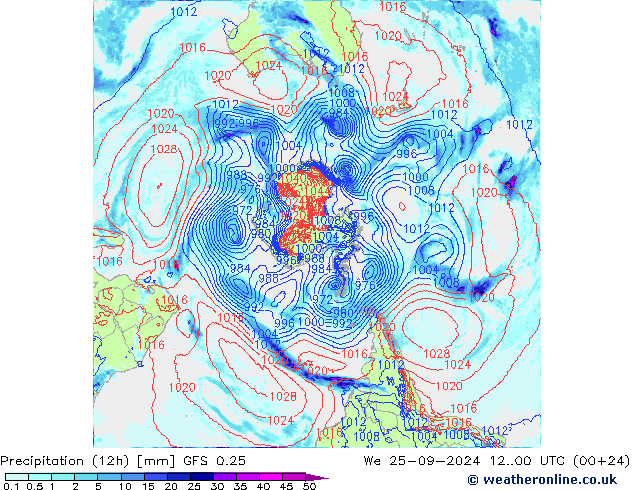 Precipitation (12h) GFS 0.25 We 25.09.2024 00 UTC