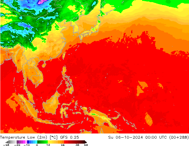 Min.temperatuur (2m) GFS 0.25 zo 06.10.2024 00 UTC