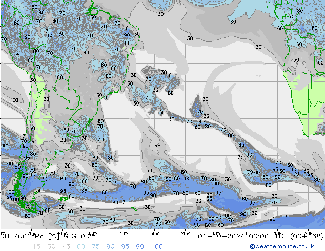 Humidité rel. 700 hPa GFS 0.25 mar 01.10.2024 00 UTC