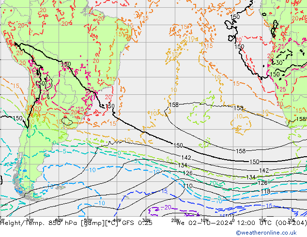 Height/Temp. 850 hPa GFS 0.25 śro. 02.10.2024 12 UTC