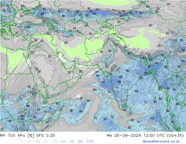 RH 700 hPa GFS 0.25 We 25.09.2024 12 UTC