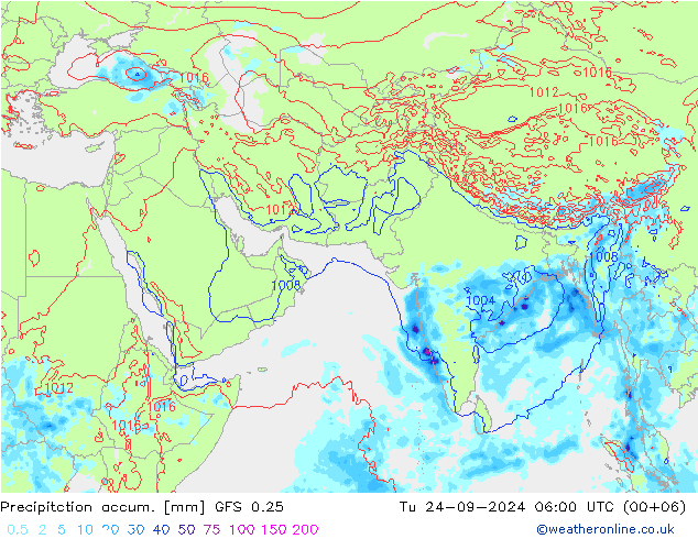 Precipitation accum. GFS 0.25 Út 24.09.2024 06 UTC