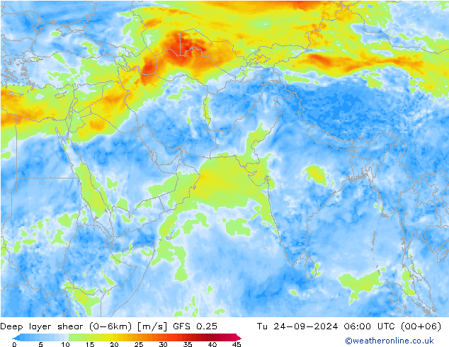 Deep layer shear (0-6km) GFS 0.25 Ter 24.09.2024 06 UTC