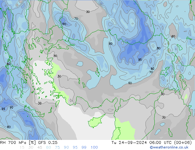 RH 700 hPa GFS 0.25 Di 24.09.2024 06 UTC