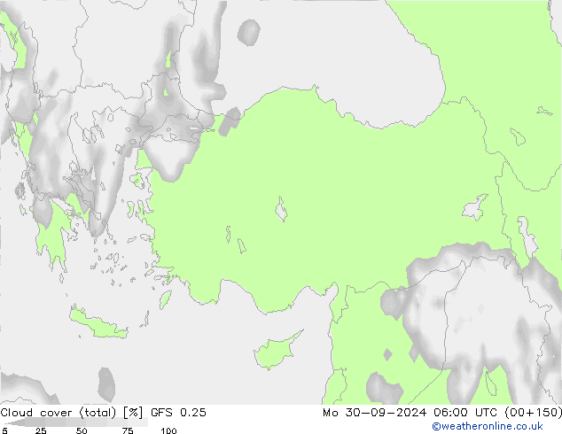 zachmurzenie (suma) GFS 0.25 pon. 30.09.2024 06 UTC